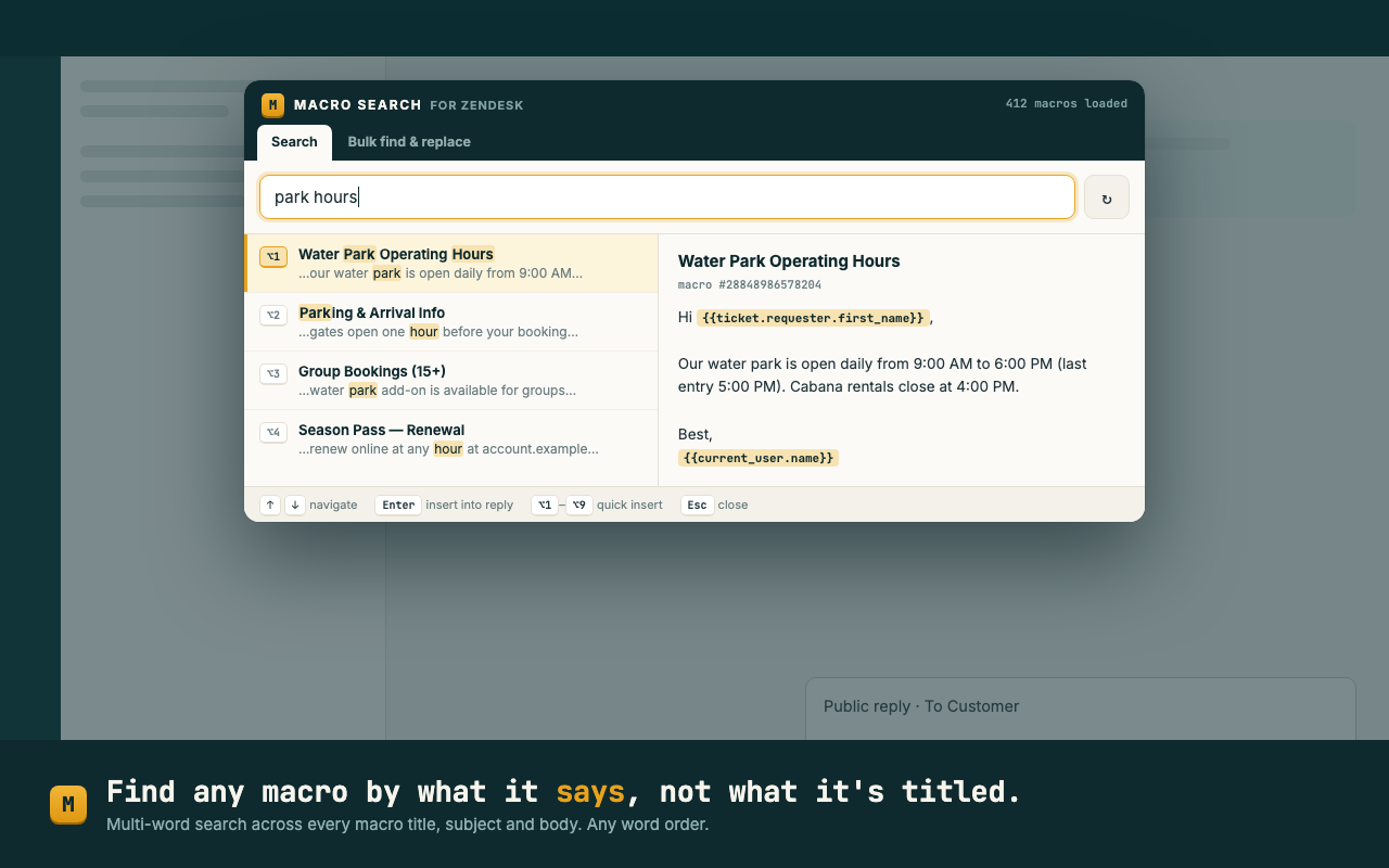 Macro Search palette over a Zendesk ticket: searching 'park hours' finds the macro 'Water Park Operating Hours' with highlighted matches and a full reply preview